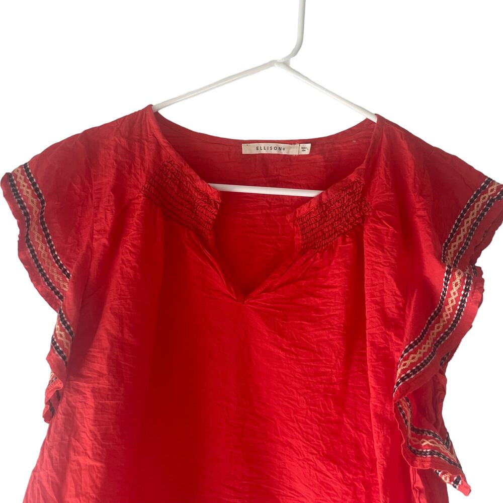 Ellison Women's Size Large Red Embroidered Ruffled Sleeves Blouse‎ - Picture 4 of 10